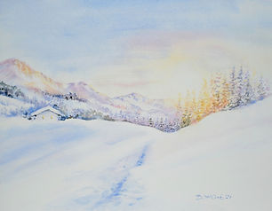 Winterlandschaft mit Sonne und Haus