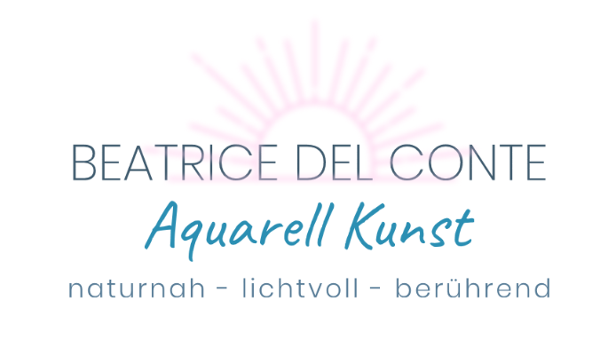 Neues Logo von Beatrice Del Conte mit Schriftzug „Aquarell Kunst“ und den Begriffen „naturnah, lichtvoll, berührend“.