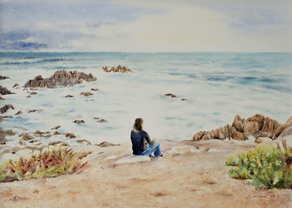 Aquarellbild Frau sitzt an einer Klippe zum Meer