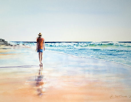 young girl walking at the beach in watercolor