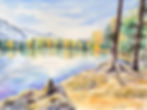 Aquarellbild Saoseosee Herbst mit Baumstämmen und Lärchen