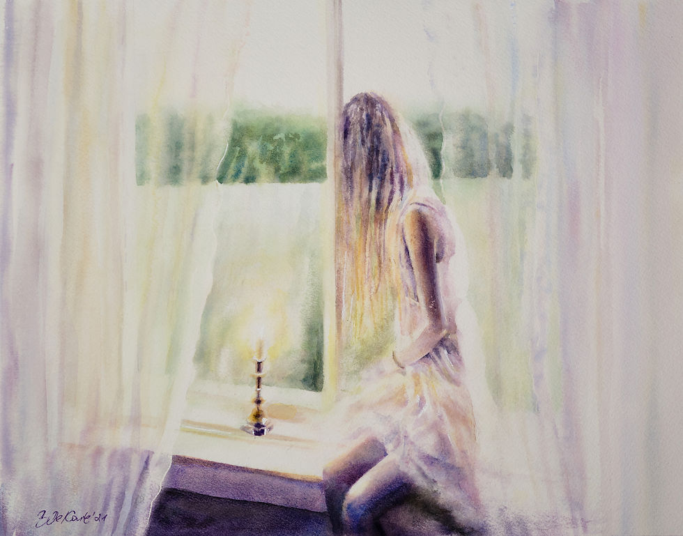 Mädchen in weissem Spitzenkleid sitzt vor Kerze am Fenster Aquarellbild