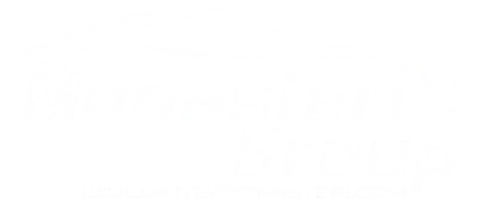 Digital logo design for the AUTOMONASTER automotive group. It features a stylized white car silhouette alongside bold white lettering on a black background.
