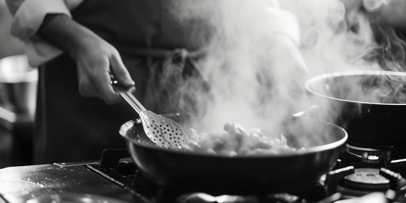 Chef cucina pietanze in padella fumante