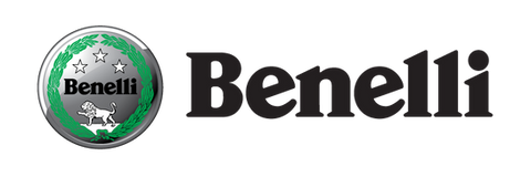 Logo Benelli con testo e simbolo, sfondo nero per identificazione del marchio.