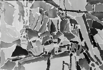 The original picture shows a corner of an utility room from "National Geographic"; the scrambled items stacked at the corner are in high contrast under the light. However, created by collaging, this artwork now deconstructs the items by apparently seperating the bright and dark sides.