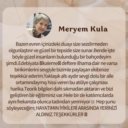 Meryem Kula portrait, text about a workshop, appreciation, and gratitude, teşekkürler.