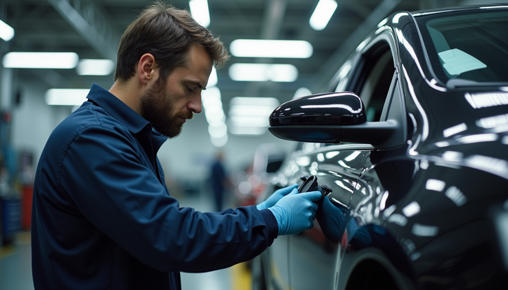 Eye-level view of a technician performing ADAS sensor calibration on a vehicle in a repair shop