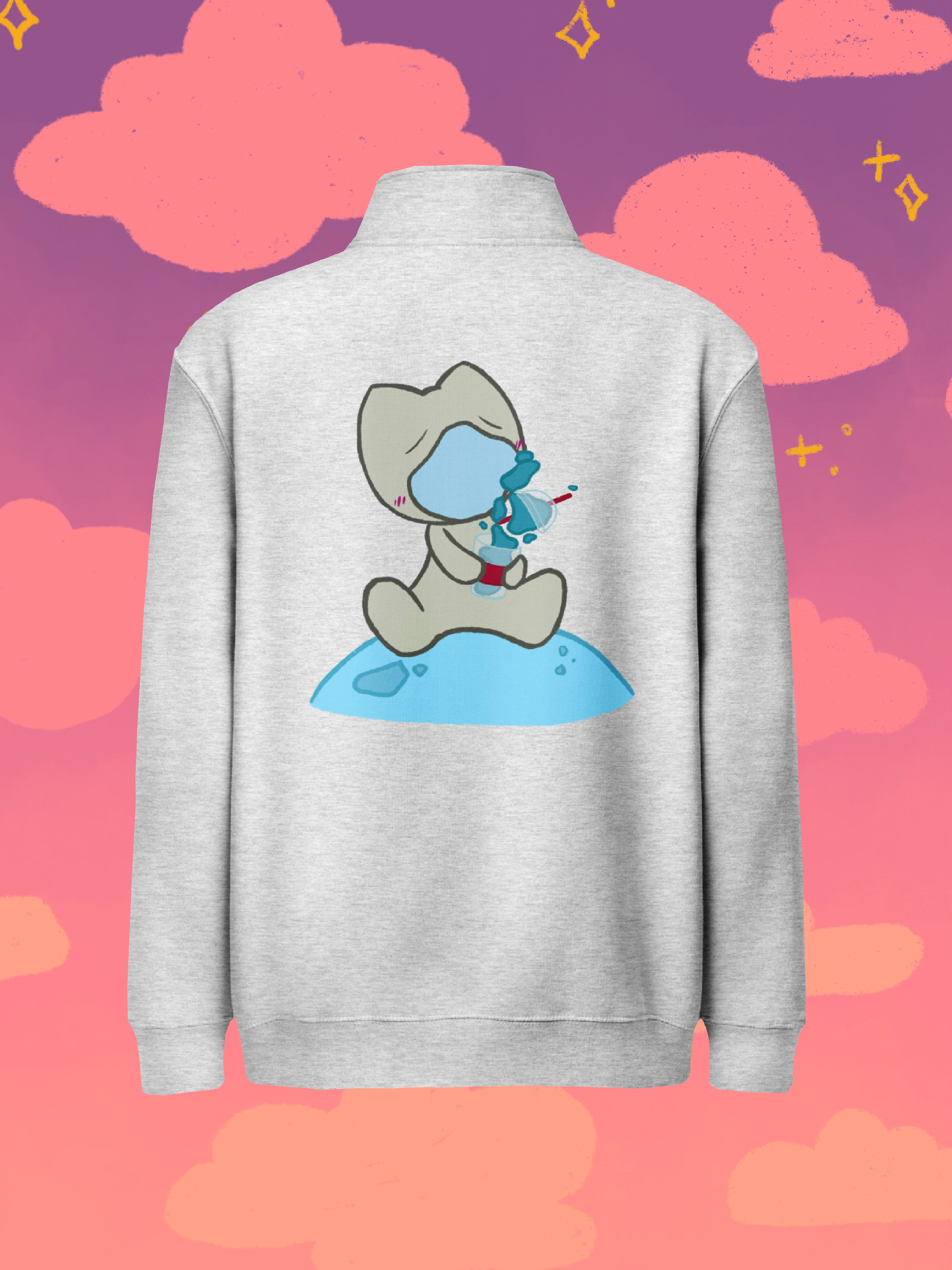 Mylo "Zero Gravity Slushie" Sad Graphic Quarter-Zip Sweatshirt