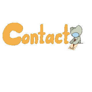 Just a fun little image of Mylo writing, beside big letters spelling Contact
