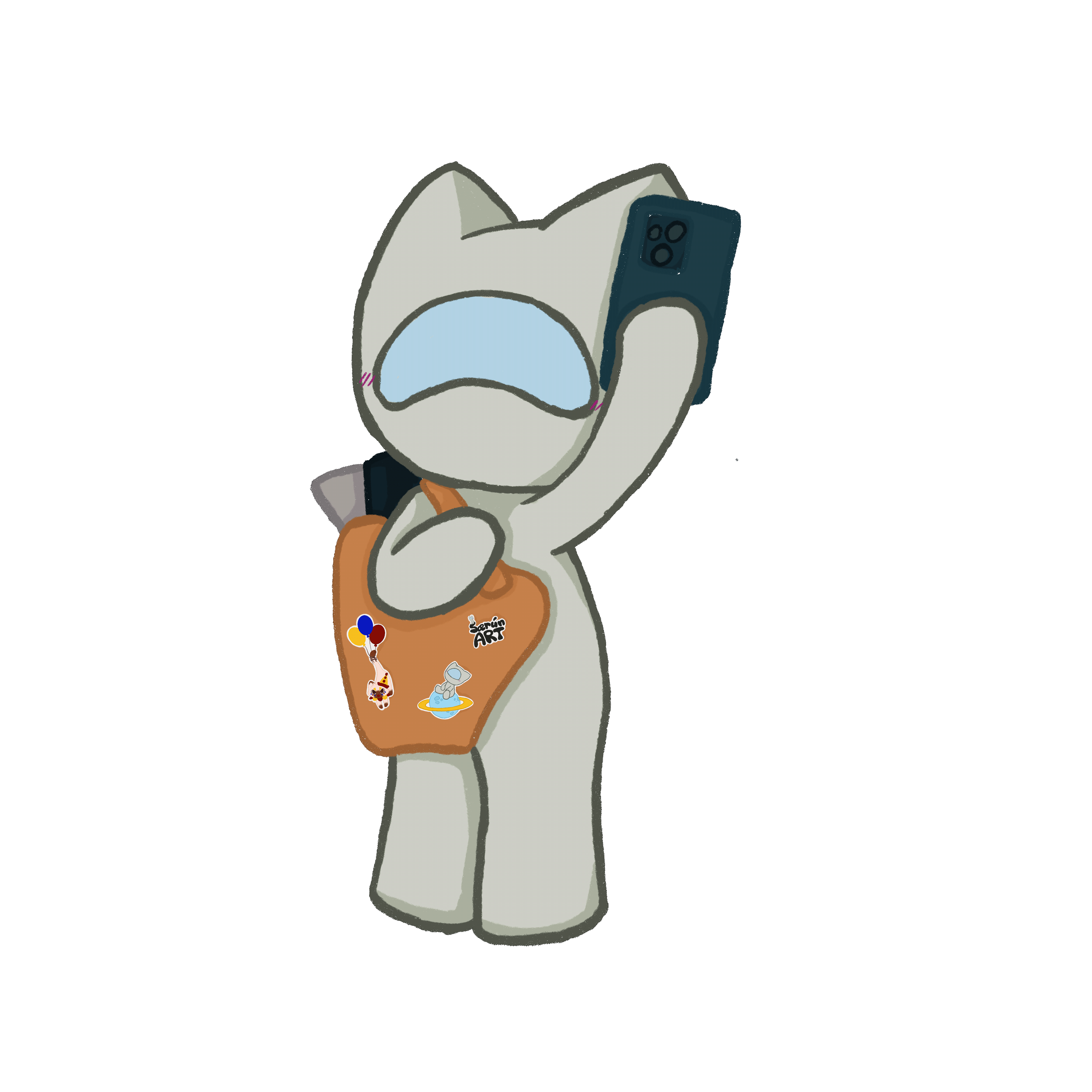 Mylo talking on the phone showing of th phonecase he got from the shop along with a tote bag covered in stickers, with noetbooks in all which you can find in my shop