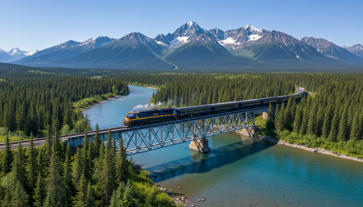 Wide-angle view of a blue and yellow train crossing an Alaskan river valley