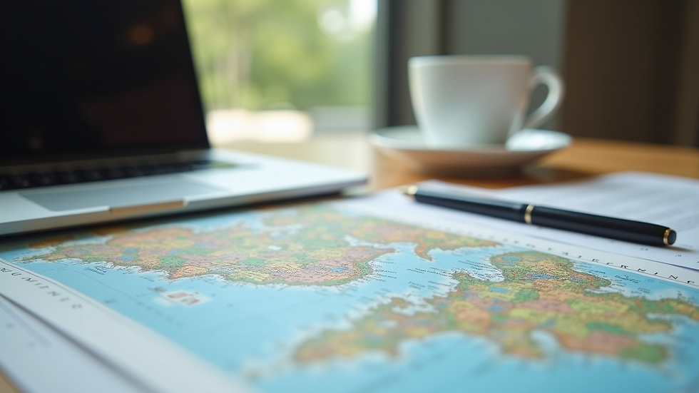 Close-up view of a travel advisor’s desk with maps, a laptop, and a cup of coffee