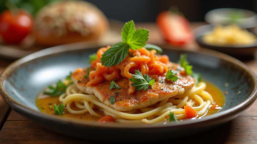 Close-up view of a gourmet dish with vibrant colors and fresh ingredients