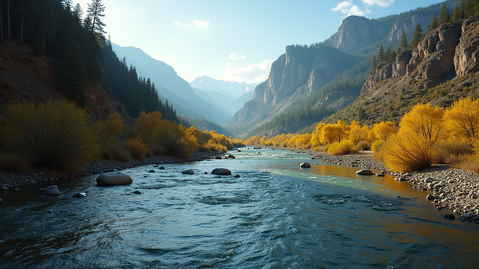 Eye-level view of a serene river flowing through a mountain valley in Salida