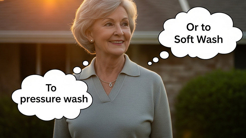 a woman contemplating soft washing or roof washing for her roof in the background