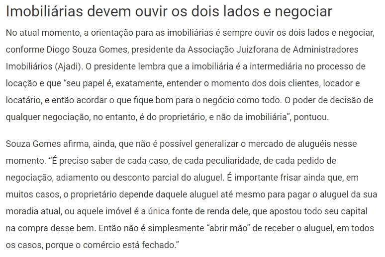 Aluguel em Juiz de Fora durante a pandemia do coronavírus