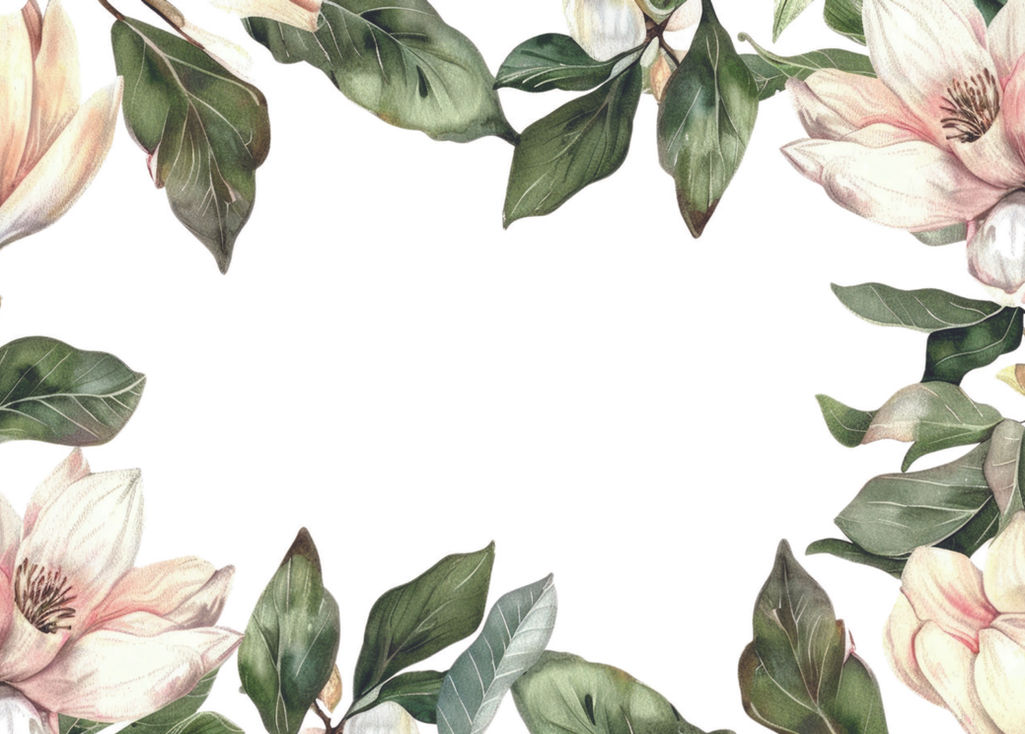 Floral border with magnolia flowers and green leaves