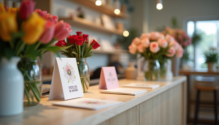 Eye-level view of a florist’s counter displaying colorful greeting cards next to fresh flower bouquets