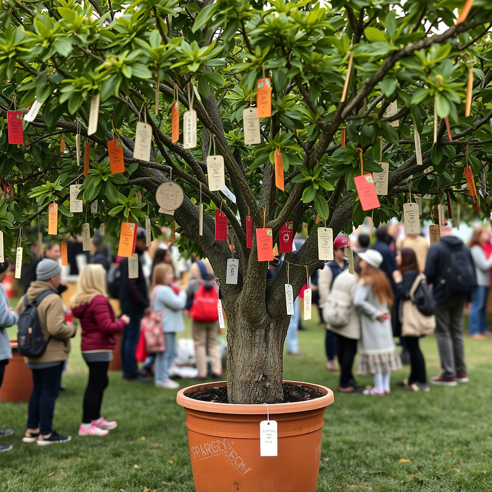 Potted tree with colorful tags, surrounded by people
