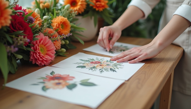 Eye-level view of a florist arranging custom printed cards next to flower bouquets