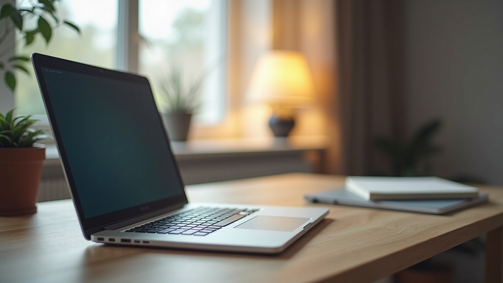 Eye-level view of a laptop on a desk with a calm home office setup