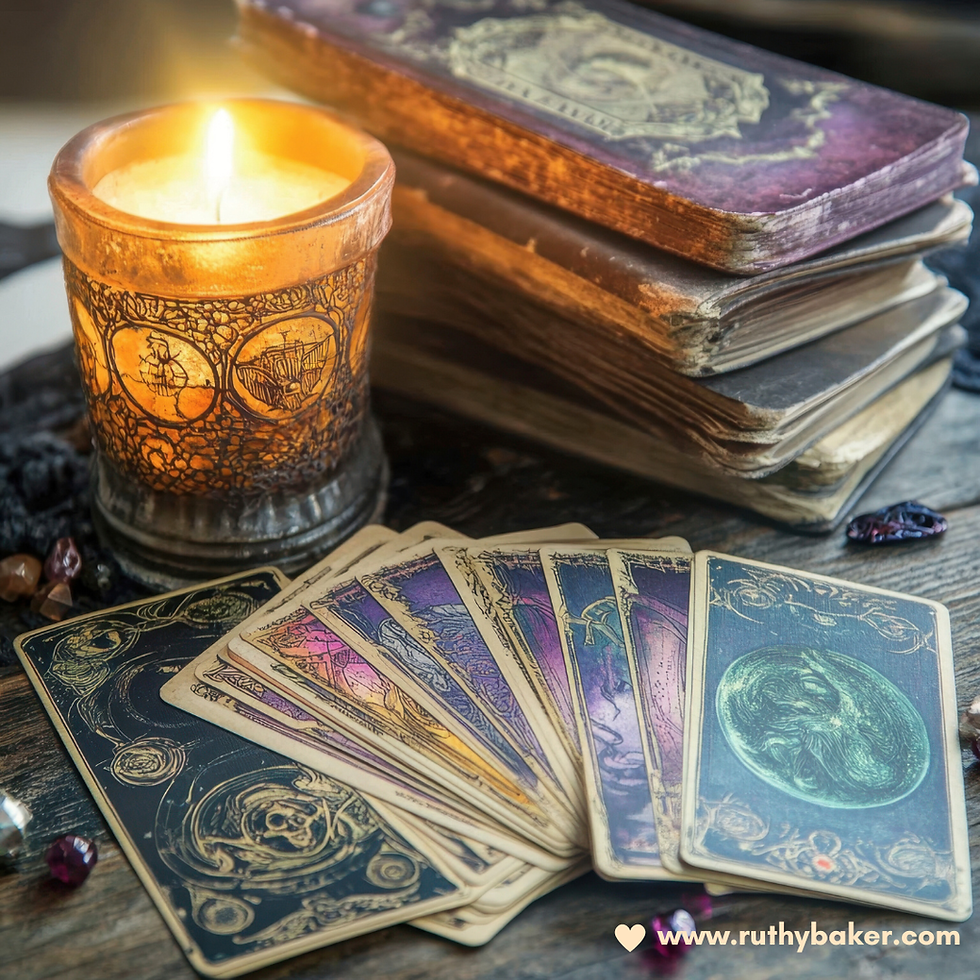Tarot cards and a lit candle on a wooden table with tarot books