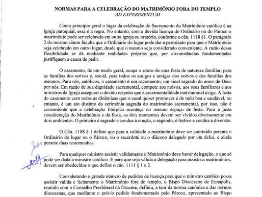 Diocese de Eunápolis publica normas para celebração do Sacramento do Matrimônio fora do templo