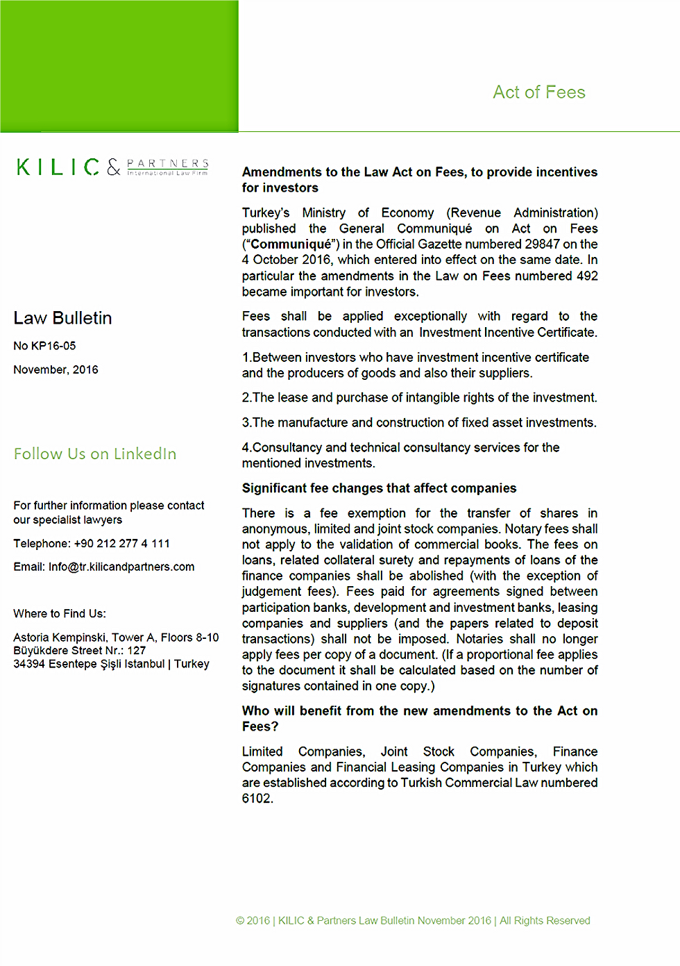 Kilic & Partners Commercial Law Nov 2016