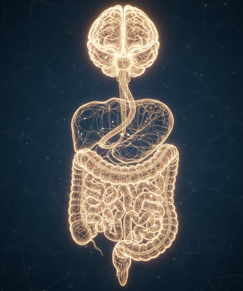 Intestines illustrated as a neural network connected to the brain to show the second-brain concept.