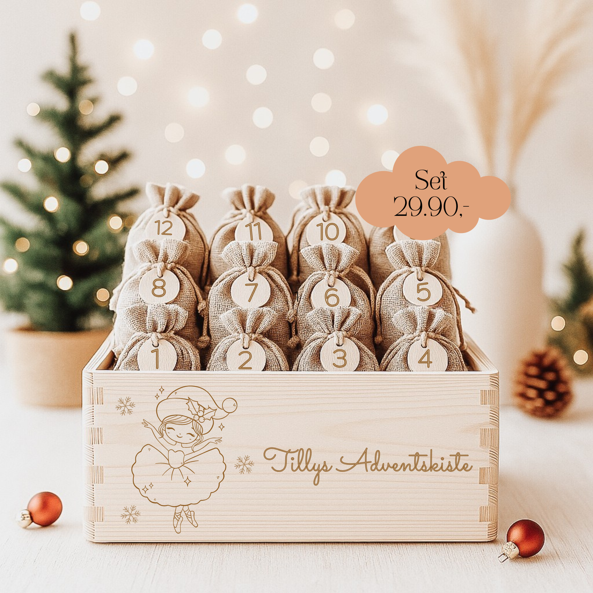 adventskiste uas Holz mit jutesäckchen und namen