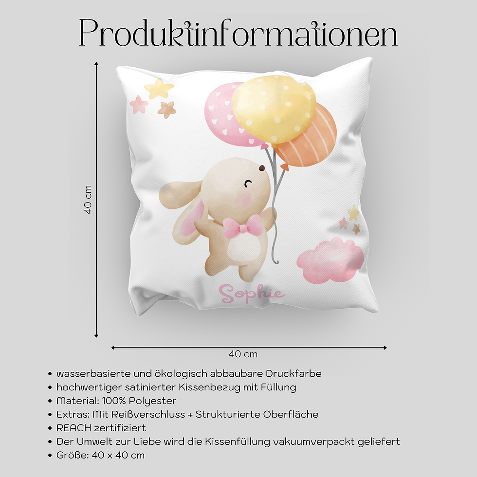 Miniaturbild: personalisiertes Kissen mit hasenmoitiv in rosa Pastell Farben und namen bedruckt