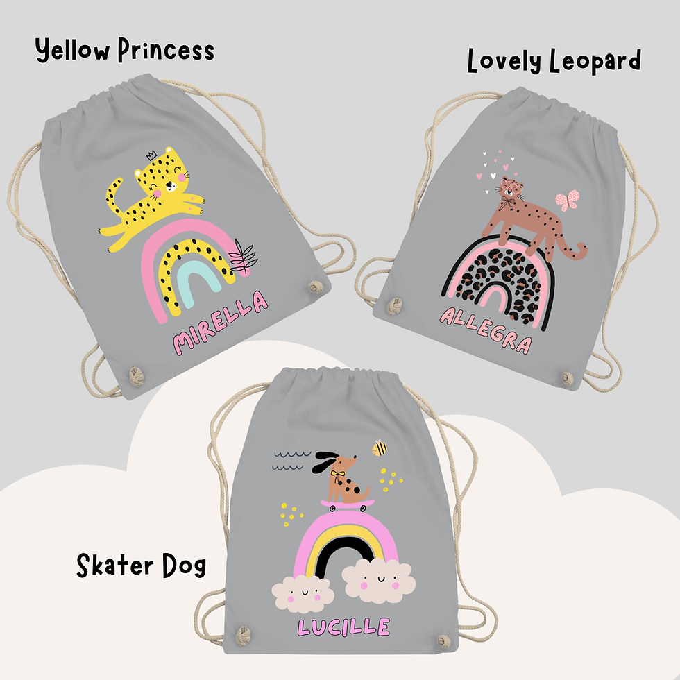 Miniaturbild: Personalisierter Turnbeutel mit Namen – Regenbogen & Tiermotiv