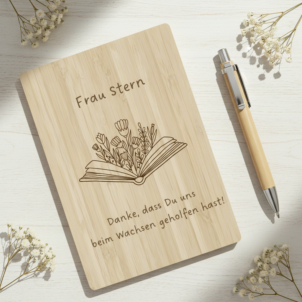 Abschiedsgeschenk personalisiertes Bambus-Notizbuch mit Kugelschreiber