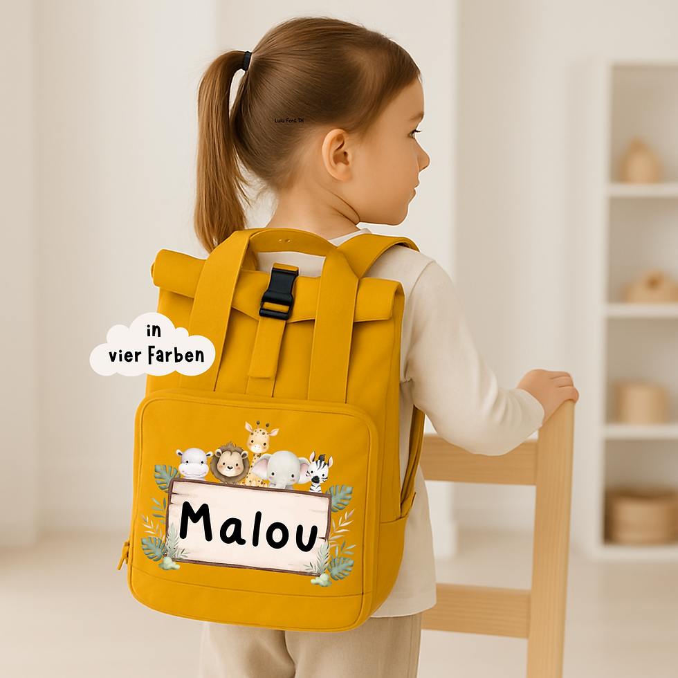 Kinderrucksack aus polyester in 4 farben mit namen und safari tieren bedruckt