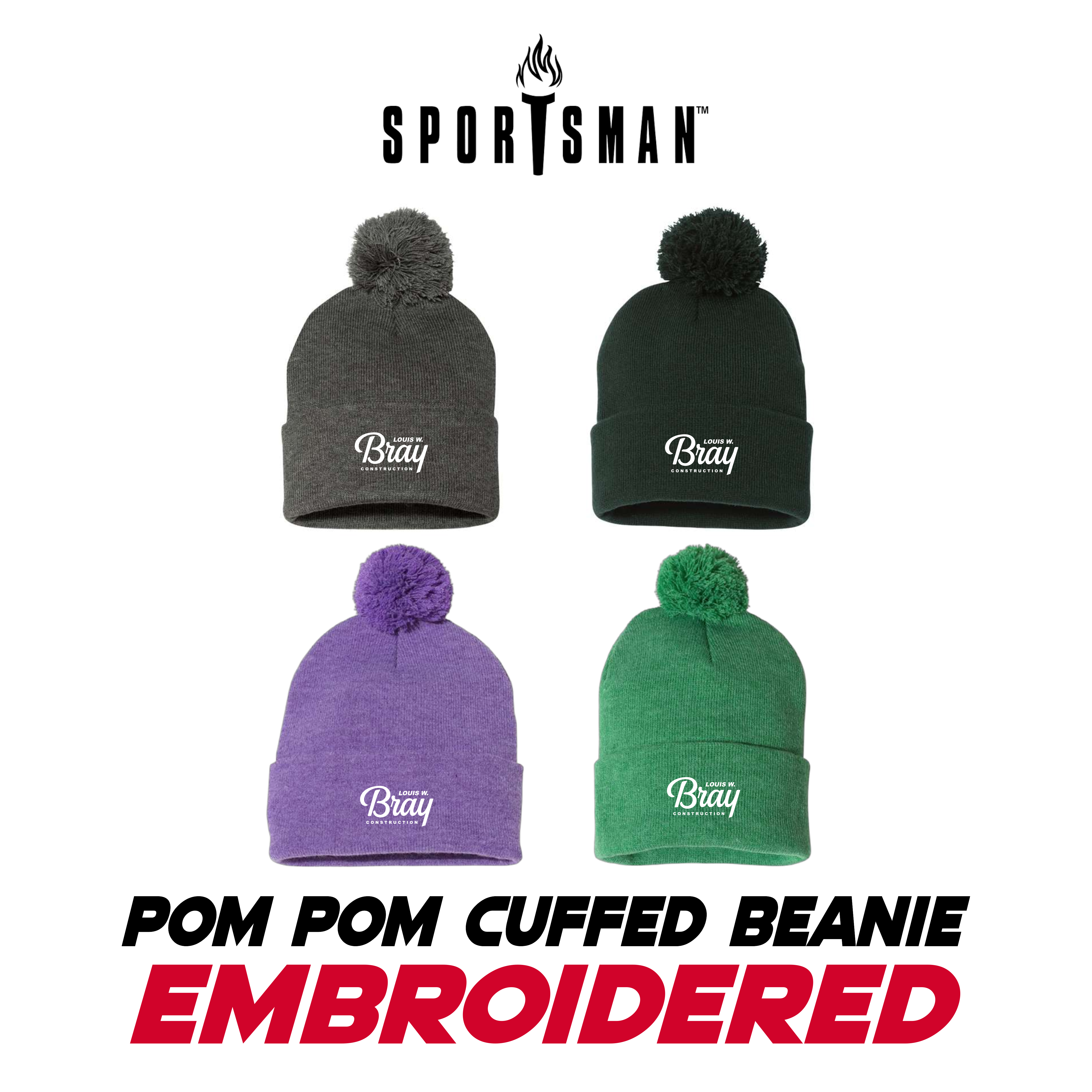 Embroidered 12" Pom-Pom Cuffed Beanie