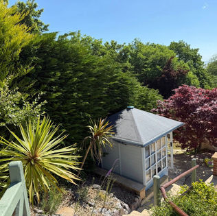 Small white gazebo in a verdant garden with lush trees and sunny skies.