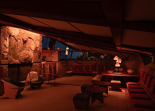 very moody outdoor patio. Has a very deep evening lighting, exposed stone, and custom lighting features 