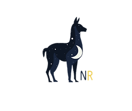 Navy Blue Llama with white stars and moon within the body next to the small block letters “NR”