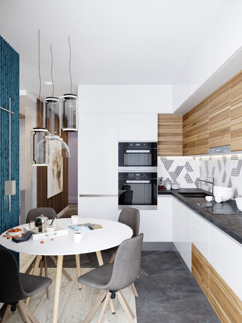 Современная светлая кухня с обеденным столом и встроенной техникой