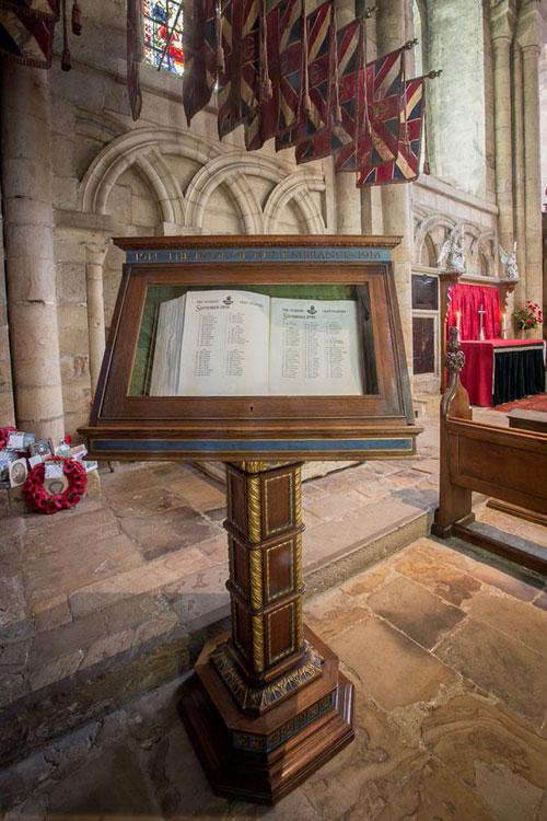 Durham Light Infantry Book of Remembrance display inside Durham Cathedral chapel with regimental colours overhead