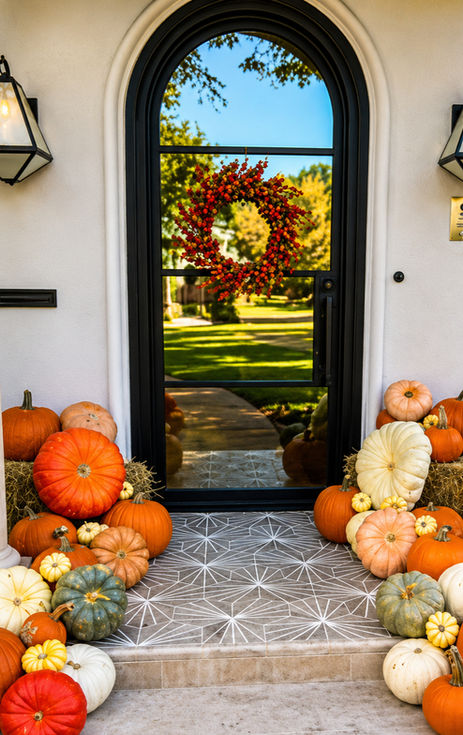 Elegant mixed pumpkin display at arched glass door with decorative columns and berry wreath — custom fall porch pumpkin design by The Flower Guild Dallas