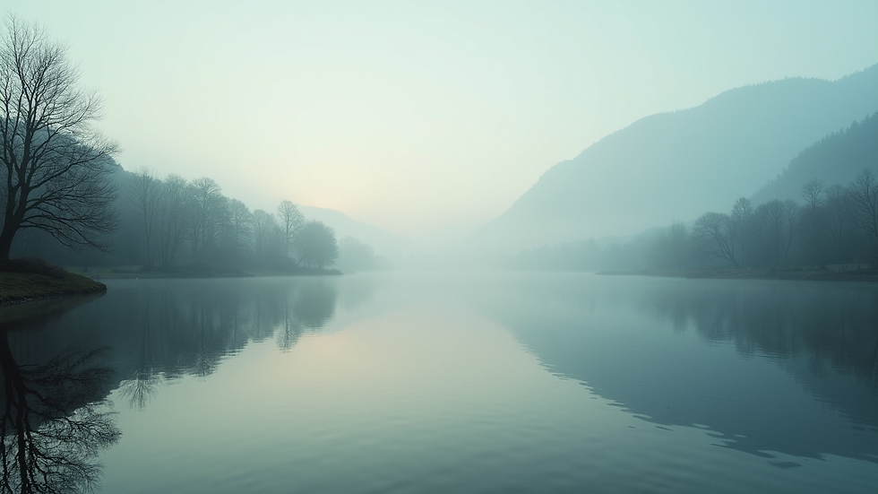 Eye-level view of a serene landscape with a tranquil lake