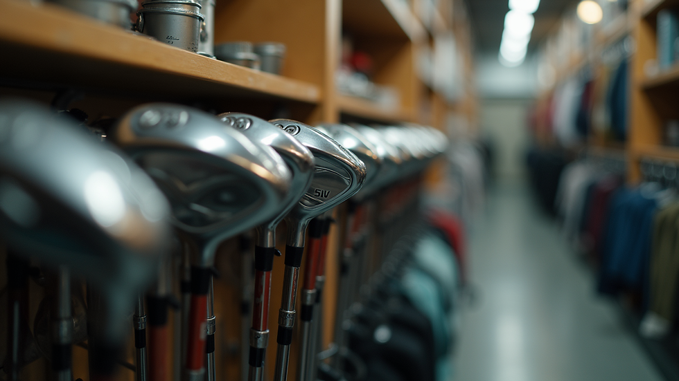 Eye-level view of golf clubs arranged on a rack in a golf shop