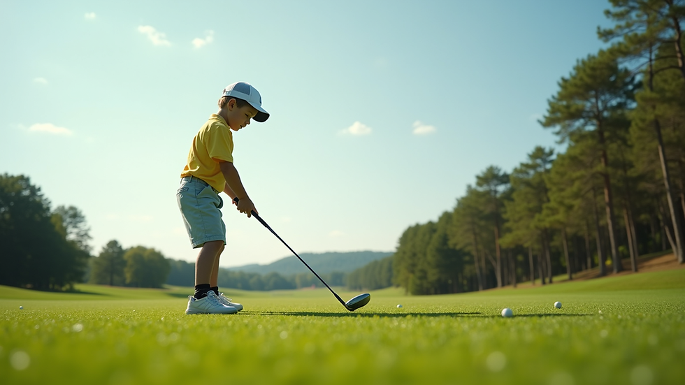 Eye-level view of a young golfer practicing swing on a green golf course