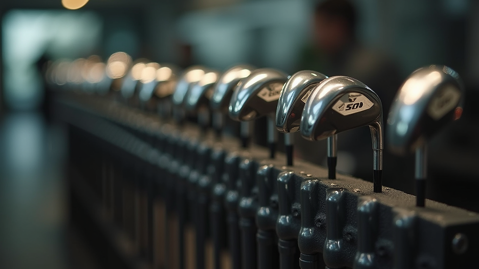 Eye-level view of custom golf clubs lined up on a fitting rack