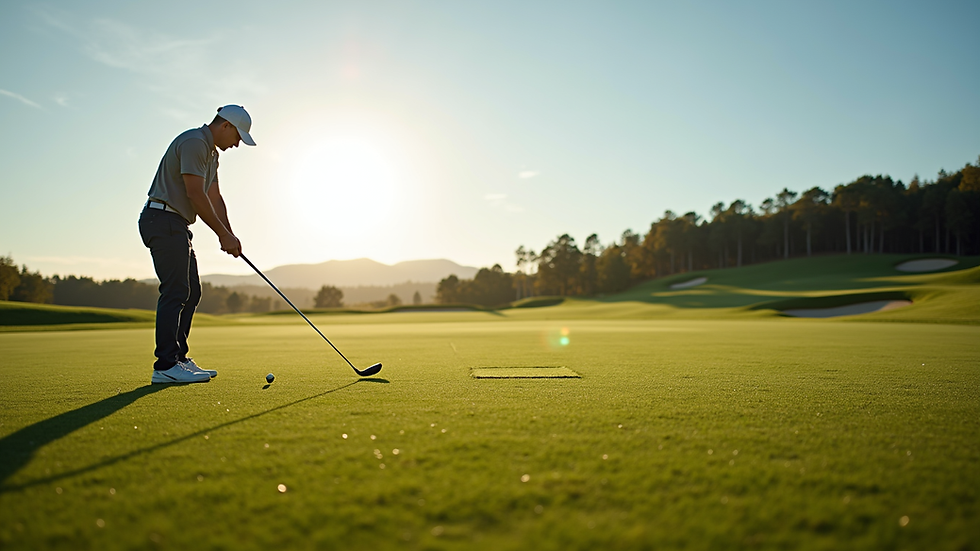 Eye-level view of a golf instructor demonstrating swing technique on a practice range
