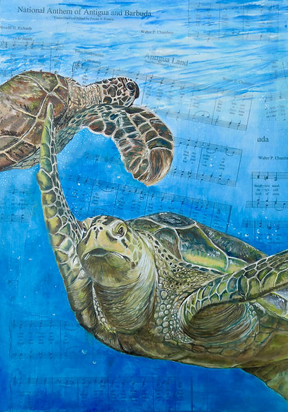 Two green turtles one facing left and the  furthest one facing right. They are on the music for the Antigua and Barbuda National Anthem which is painted with a wash of blue and small bubbles of air. 