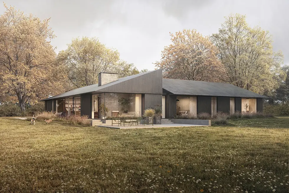 Modern single-storey home with metal cladding, large windows and mono pitched roof surrounded by natural landscaping