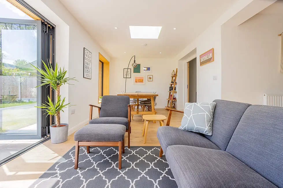 Spacious open-plan living area with gray sofa, patterned rug, and skylights. Dining table and kitchen in background. Bright, modern decor.